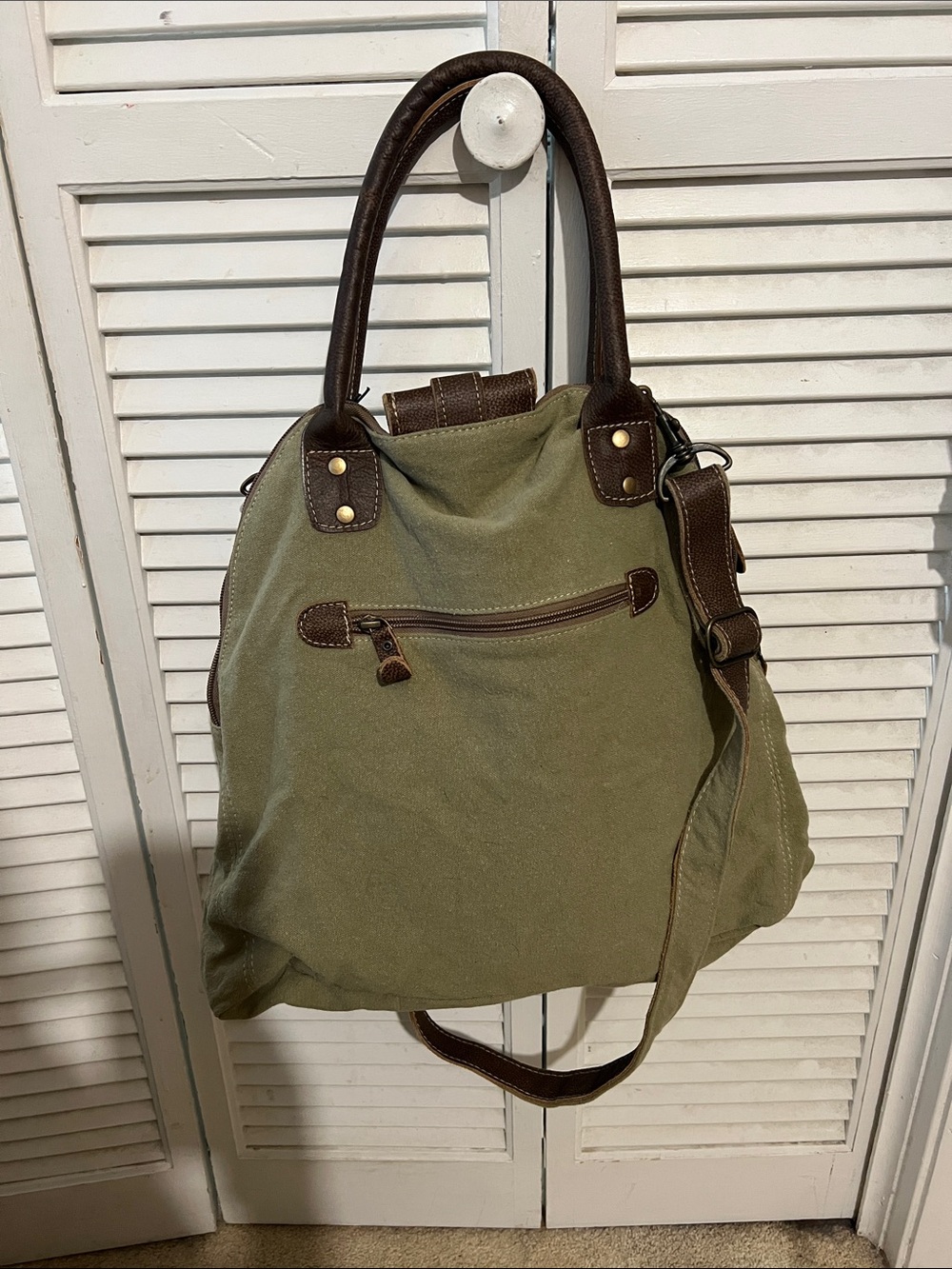 Canvas Messenger Bag in Olive Green with Brown Trim - Myra Bag - Picture 2 of 5